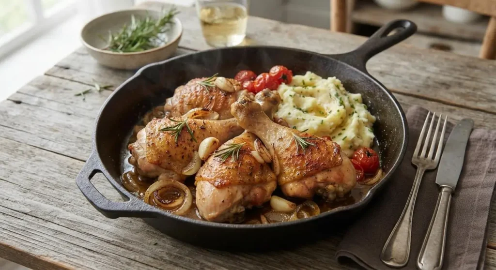 Cosce di pollo in padella pronte da gustare Cosce di pollo in padella succose e dorate con rosmarino e contorno servite in una padella di ghisa
