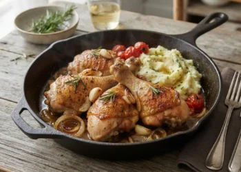 Cosce di pollo in padella succose e dorate con rosmarino e contorno servite in una padella di ghisa
