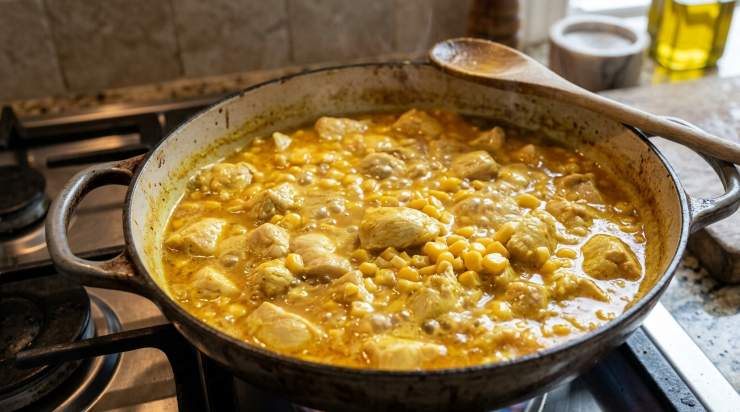 Aromatizzate i pezzi di pollo con la polvere di curry, aggiungete qualche cucchiaio di brodo vegetale e fate cuocere per un paio di minuti a fiamma media. Non appena la carne avrà assorbito il brodo, aggiungete il mais precedentemente sgocciolato e lasciatelo insaporire insieme alle spezie ed alla carne.