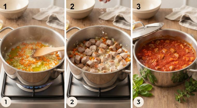 Tagliate la carota e la cipolla in piccoli pezzi e mettetele a soffriggere nella pentola insieme all’olio extravergine di oliva. Dopo aver soffritto le verdure mettete la carne nella pentola, aggiungete il sale e lasciatela rosolare sfumando con un bicchiere di vino bianco. Dopo una decina di minuti aggiungete la salsa di pomodoro e lasciate cuocere 50 minuti a fuoco lento.