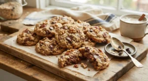 Cowboy cookies fatti in casa Cowboy cookies giganti al cioccolato e noci appena sfornati su un tagliere di legno pronti da gustare