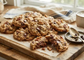 Cowboy cookies giganti al cioccolato e noci appena sfornati su un tagliere di legno pronti da gustare