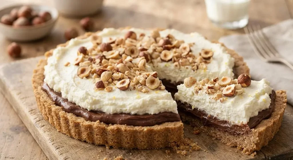 Crostata con ricotta e crema di nocciole tagliata su tagliere rustico in legno
