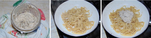Frullate tutto fino ad ottenere una crema che non sia però troppo sottile, ma leggermente granulosa. Cuocete le tagliatelle all’uovo in abbonante acqua salata scolandole due minuti prima della fine del tempo di cottura indicato sulla scatola. Trasferite la pasta nella padella dove erano stati cotti i funghi, e continuate a cuocerla con qualche cucchiaio di acqua di cottura. Unite la crema di funghi ed amalgamate bene la pasta con la salsa.