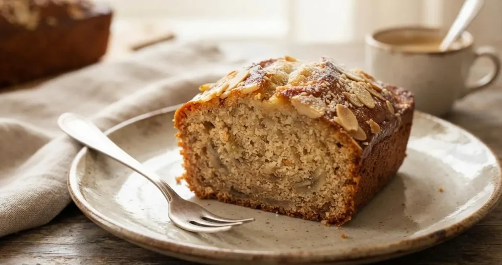 Fetta di Banana Bread pronta da gustare Fetta di banana bread soffice con mandorle e sesamo su piatto di ceramica rustico, pronta per la colazione.