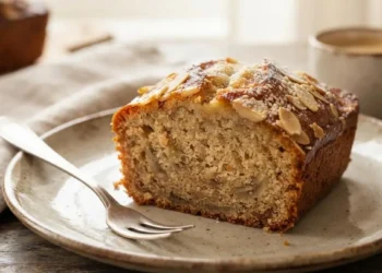 Fetta di banana bread soffice con mandorle e sesamo su piatto di ceramica rustico, pronta per la colazione.