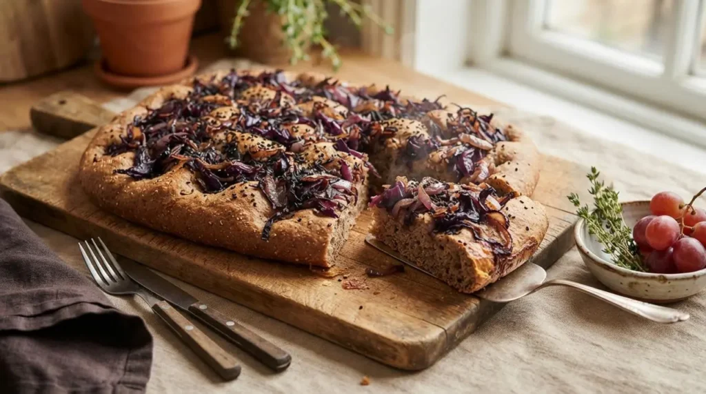 Focaccia integrale con cipolle e cavolo rosso Focaccia integrale rustica con cipolle rosse, cavolo rosso e semi di nigella sativa appena sfornata su un tagliere in legno, pronta per essere gustata.