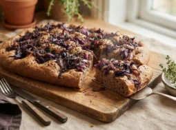 Focaccia integrale rustica con cipolle rosse, cavolo rosso e semi di nigella sativa appena sfornata su un tagliere in legno, pronta per essere gustata.