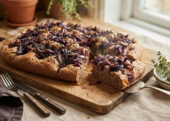 Focaccia integrale rustica con cipolle rosse, cavolo rosso e semi di nigella sativa appena sfornata su un tagliere in legno, pronta per essere gustata.