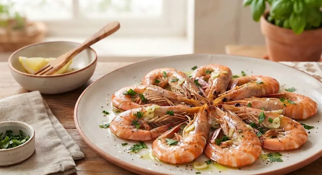 Piatto di gamberoni al forno succulenti disposti a raggiera, conditi con olio, limone, aglio e prezzemolo fresco, pronti da servire in tavola.