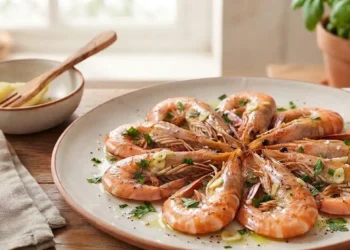 Piatto di gamberoni al forno succulenti disposti a raggiera, conditi con olio, limone, aglio e prezzemolo fresco, pronti da servire in tavola.