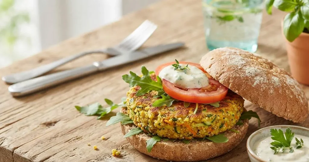 Delizioso hamburger di miglio e verdure senza uova Hamburger vegetale di miglio e verdure servito su pane integrale con salsa e rucola