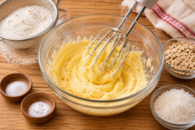 Sbattete tutto con le fruste ottenendo un composto cremoso. Setacciate la farina ed aggiungetela al composto. Aggiungete un pizzico di sale e del bicarbonato. Aggiungete fiocchi d’avena e rapè di cocco.