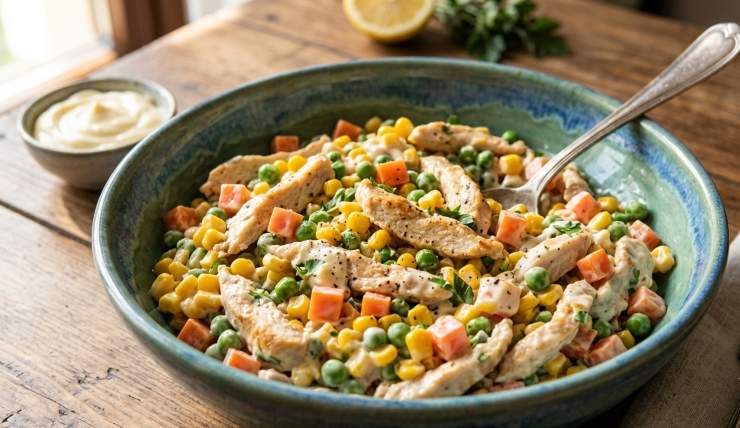 Unite il pollo. Aggiungete la maionese, il sale e pepate. Mescolate tutto con un cucchiaio per avvolgere bene gli ingredienti con la maionese. Disponete sul piatto e decorate con le patatine calde.
