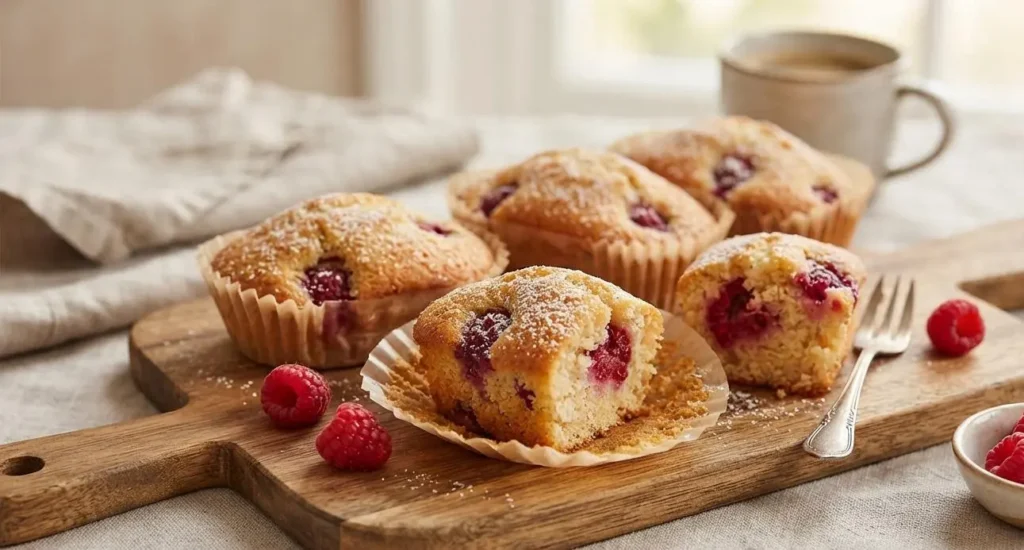 Mini plumcake al cocco e lamponi fatti in casa Mini plumcake soffici al cocco e lamponi disposti su un tagliere di legno, pronti per essere mangiati con una tazza di caffè.