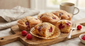 Mini plumcake soffici al cocco e lamponi disposti su un tagliere di legno, pronti per essere mangiati con una tazza di caffè.