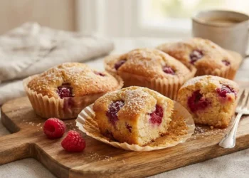 Mini plumcake soffici al cocco e lamponi disposti su un tagliere di legno, pronti per essere mangiati con una tazza di caffè.