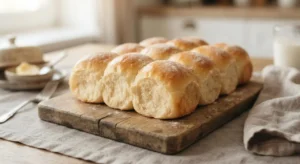 Panini dolci al latte Bimby pronti per la merenda Panini dolci al latte fatti in casa con il Bimby, soffici e appena sfornati su un asse di legno pronti da servire