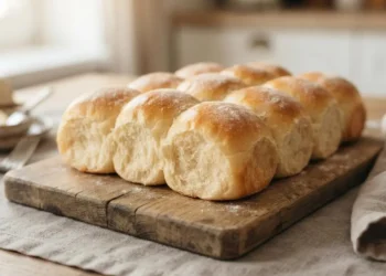 Panini dolci al latte fatti in casa con il Bimby, soffici e appena sfornati su un asse di legno pronti da servire