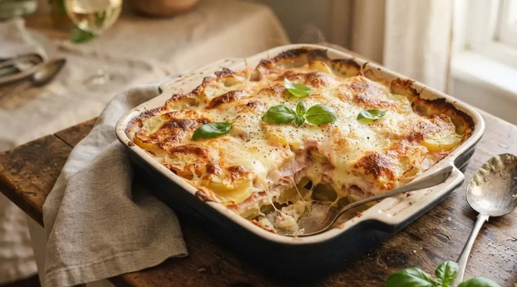 Parmigiana di patate al forno Parmigiana di patate al forno filante e dorata servita in teglia con prosciutto e formaggio.