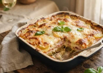 Parmigiana di patate al forno filante e dorata servita in teglia con prosciutto e formaggio.