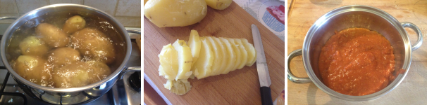 Per preparare la parmigiana di patate come prima cosa dovete lessare le patate in acqua bollente per circa 20 minuti. Una volta trascorso il tempo, togliete la buccia, lasciatele raffreddare per qualche minuto e tagliatele a fette. Poi preparate il ragù alla bolognese.