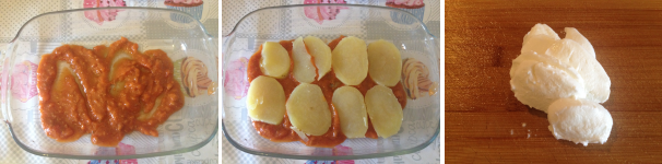 Versate qualche cucchiaio di sugo in una pirofila da forno, fate il primo strato con le patate ed aggiungete il sale, poi tagliate a fette la mozzarella.
