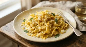 Un primo piano di un piatto di pasta mimosa fumante e cremosa su un tavolo di legno rustico. La pasta, condita con salsa allo zafferano e ricotta, è decorata con tuorlo d'uovo sbriciolato, foglie di salvia e Parmigiano, pronta per essere mangiata con una forchetta vintage.
