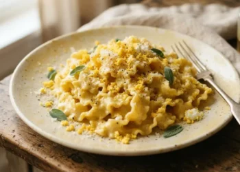 Un primo piano di un piatto di pasta mimosa fumante e cremosa su un tavolo di legno rustico. La pasta, condita con salsa allo zafferano e ricotta, è decorata con tuorlo d'uovo sbriciolato, foglie di salvia e Parmigiano, pronta per essere mangiata con una forchetta vintage.