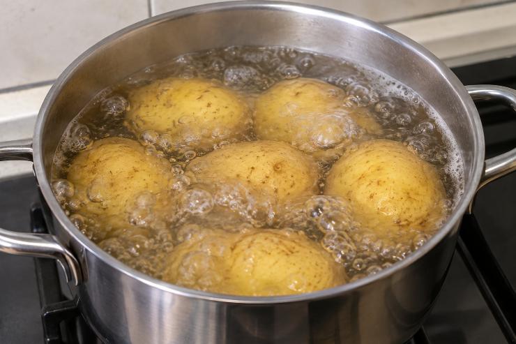 Per preparare il tortino di tonno al vapore, mettete una pentola piana di acqua a bollire, poi metteteci dentro le patate e lasciatele cuocere 20 minuti. Trascorso il tempo, scolatele, lasciatele intiepidire e sbucciatele accuratamente.