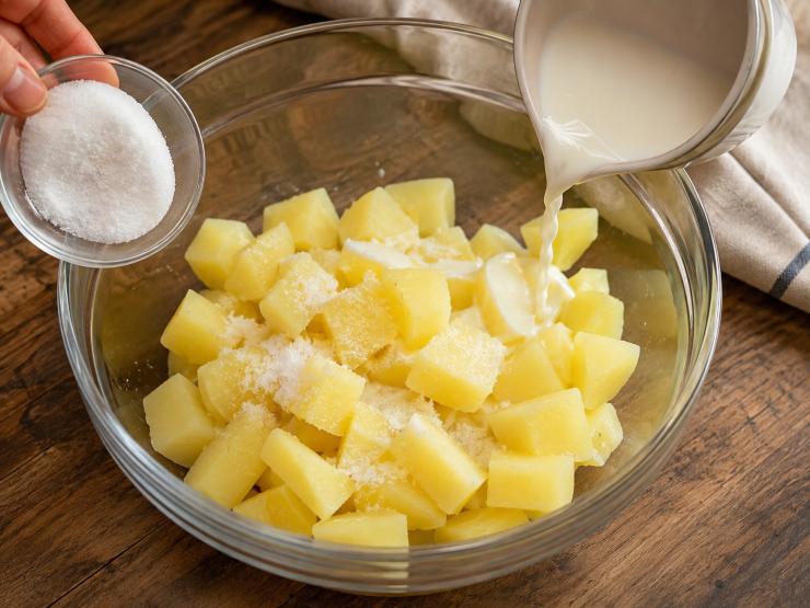 Una volta tolta la buccia tagliate le patate a cubetti e mettetele in una ciotola, poi aggiungete del sale e la panna.