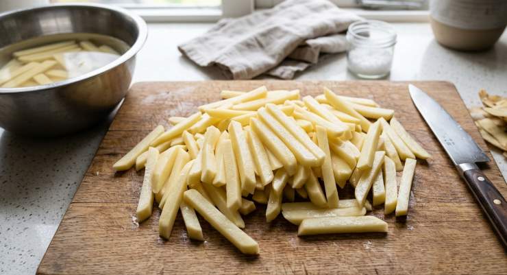 Sbucciate e lavate le patate. Tagliatele a fettine sottili. Riscaldate l’olio in padella e friggete le patatine. Salate. Una volta cotti e raffreddati i piselli, uniteli insieme con le carote grattugiate e il mais.
