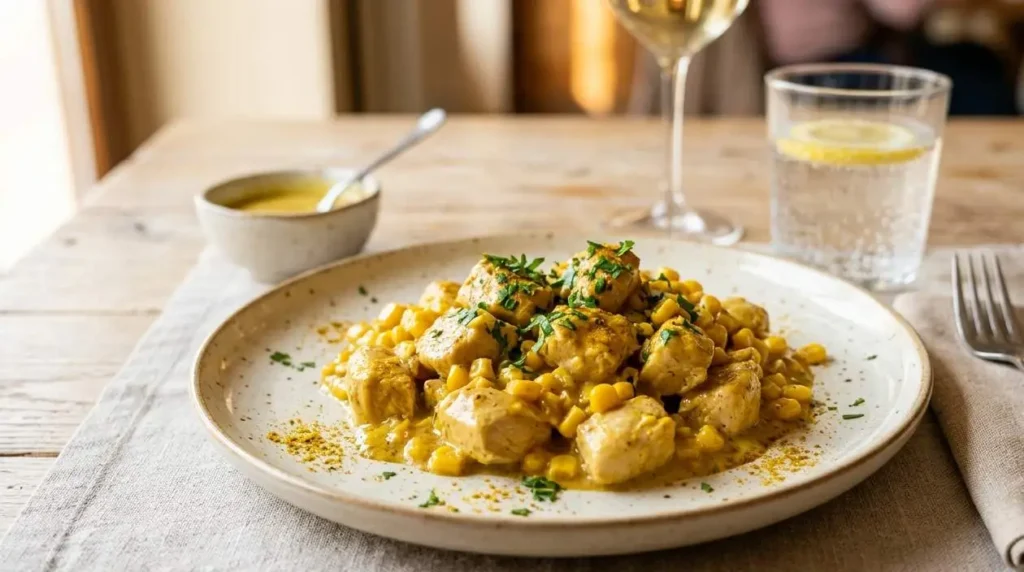 Petto di pollo mimosa cremoso con mais e curry servito in un piatto elegante su tavola in legno