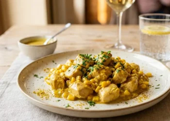 Petto di pollo mimosa cremoso con mais e curry servito in un piatto elegante su tavola in legno