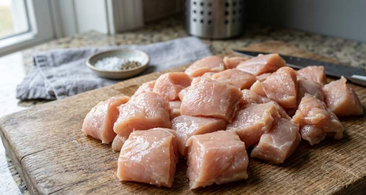 Per preparare il petto di pollo mimosa, per prima cosa sistemate sul fornello una padella, quindi affettate la cipolla bionda molto sottilmente e versatela all’interno della padella insieme al burro, accendete il fuoco e, tenendolo basso, fatela ammorbidire ed imbiondire. Aggiungete al soffritto anche i pezzi di petto di pollo e sigillateli bene a fiamma sostenuta, fino a che non saranno completamente sigillati, ed a questo punto spolverizzate con un pizzico di sale.