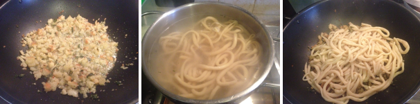 Trascorso il tempo, aggiungete nella pentola anche le briciole di pane e fatele tostare per circa 5 minuti a fiamma piuttosto alta. Fate bollire una pentola di acqua salata e quando bolle cuocetevi dentro i pici per circa 5 minuti. Una volta cotti fateli saltare nella pentola con le briciole per circa 1 minuto.