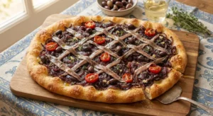 Pissaladière nizzarda appena sfornata, servita su un asse di legno con cipolle caramellate, acciughe e olive