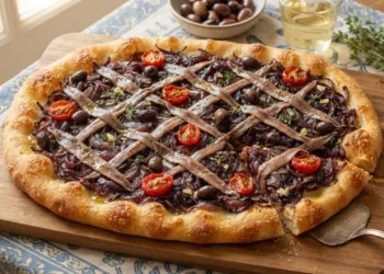 Pissaladière nizzarda appena sfornata, servita su un asse di legno con cipolle caramellate, acciughe e olive