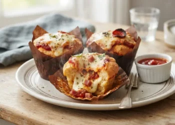 Pizza muffin fatti in casa appena sfornati, tagliati a metà con un delizioso ripieno filante di mozzarella e pomodoro su un piatto rustico.
