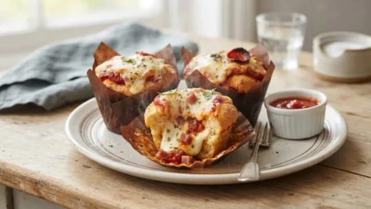Pizza muffin fatti in casa appena sfornati, tagliati a metà con un delizioso ripieno filante di mozzarella e pomodoro su un piatto rustico.