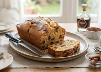 Plumcake con uvetta e rum soffice e senza lievito tagliato a fette su un piatto da portata con bottiglia di rum sullo sfondo