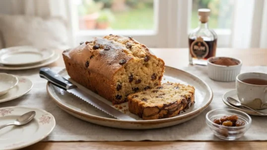 Plumcake con uvetta e rum soffice e senza lievito tagliato a fette su un piatto da portata con bottiglia di rum sullo sfondo