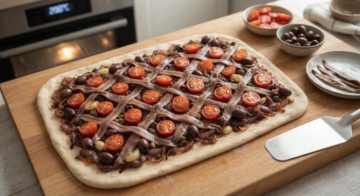 Tagliate a fette i pomodori il più omogenei possibili. Stendete la pasta per la pizza. Intanto accendete il forno a 200 gradi così che arrivi a temperatura ottimale. Stendete sulla base la cipolla stufata con capperi, timo e aglio. Disponete sulla cipolla i pomodorini, le olive e le acciughe. Cercate di creare una losanga quasi come quella di una crostata con una disposizione armonica di tutti gli elementi. Infornate per 15/20 minuti