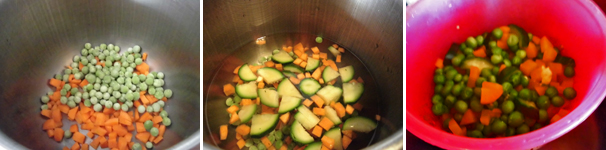 In un pentolino fate bollire in acqua salata per 15 minuti i piselli, mezza carota e mezza zucchina tagliate a cubetti. Infine scolate tutto e fate raffreddare.