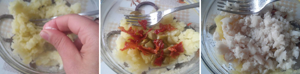 Prima che si raffreddino schiacciate le patate ed aggiungete un paio di pizzichi di sale. Una volta raffreddato il tutto aggiungete le olive verdi e pomodori secchi tagliati a pezzi piccoli ed il pesce sbriciolato con le mani.