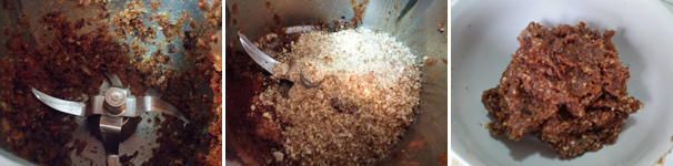 A questo punto tritate datteri e prugne per 6 secondi a velocità da 7 a 8. Spatolate riportando tutto sul fondo e ripetete l’operazione. Se dovesse essere necessario aggiungete 1 o 2 cucchiai di acqua. Spatolate di nuovo, aggiungete 3 cucchiaini di cacao e le mandorle e noci tritate in precedenza e mescolate a velocità 4 per 10 secondi. Trasferite il composto in una ciotola e fatelo riposare in frigo per almeno 20 minuti.