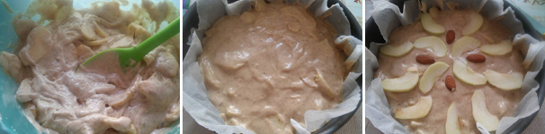Versate il composto in una terrina ed aggiungete le mele insieme al sughetto formatosi, mescolate delicatamente con una spatola. Rivestite una teglia con carta forno e adagiate il composto all’interno, posizionate sulla superficie le fettine della mezza mela messa da parte e se preferite qualche mandorla. Infornate la torta di mele con bimby a 180 gradi per 45 minuti.