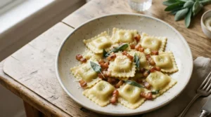 Piatto di ravioli quadrati fatti in casa ripieni di patate conditi con guanciale croccante e salvia su un tavolo di legno rusticato.