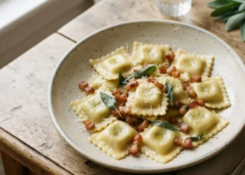 Piatto di ravioli quadrati fatti in casa ripieni di patate conditi con guanciale croccante e salvia su un tavolo di legno rusticato.