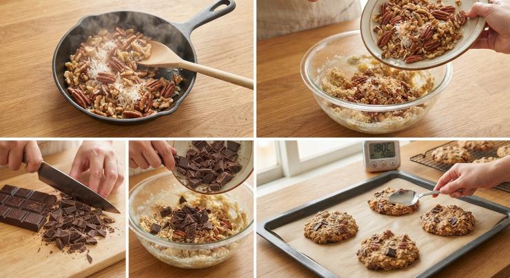Tostate la miscela di noci, scaglie di cocco e noci pecan per qualche minuto. Fate raffreddare ed aggiungete al resto. Tritate grossolanamente il cioccolato e unitelo al composto. Con le mani create dei biscotti piatti e grandi e disponeteli sulla teglia coperta con carta da forno. Infornate a 180 gradi per 15 minuti. Fate raffreddare prima di servire.